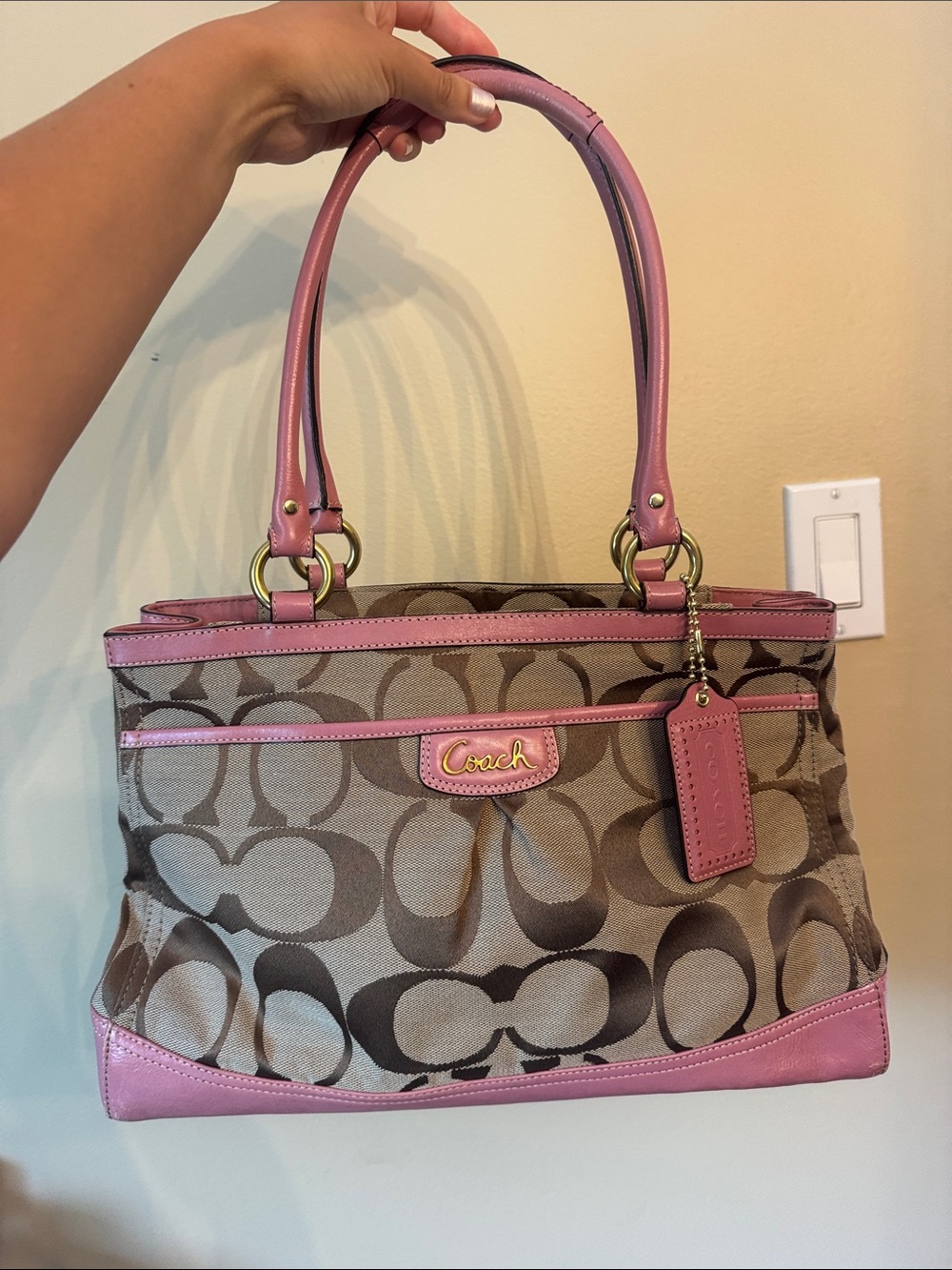 Coach Brown Signature Tote with Pink Trim